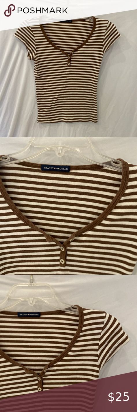 brandy melville zelly striped brown cream 3 button short sleeve top John Galt, Brandy Melville Tops, Short Sleeve Top, Brandy Melville, Brandy, Short Sleeves Tops, Sleeve Top, Cream, Outfit Inspo