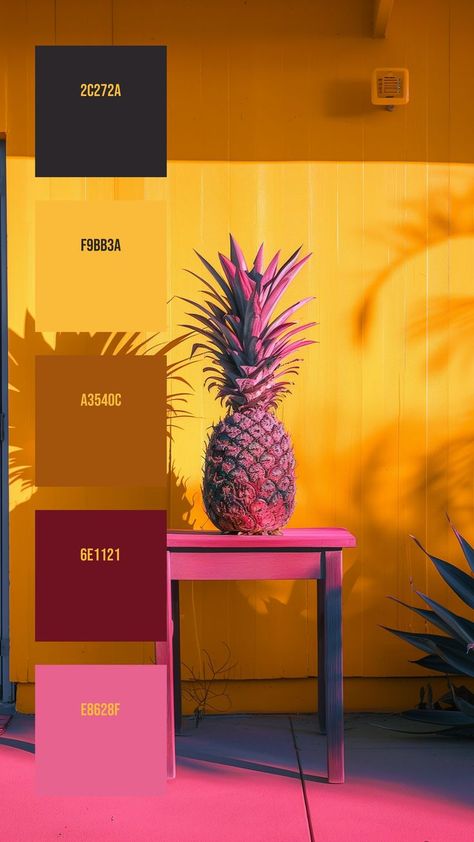 Colors:
2C272A
F9BB3A
A3540C
6E1121
E8628F Cuba Color Palette, Pineapple Color Palette, Color Palette Yellow, Yellow Walls, Colorful Table, Yellow Color, Color Combos, Contrasting Colors, Pineapple