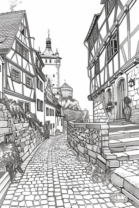 Old German Houses, Germany Coloring Pages, City Outline, Town Drawing, German Houses, Medieval Drawings, German Architecture, Historic Landmarks, Fantasy Town