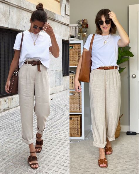 Beige Linen Cargo Pants Outfit, White And Cream Outfit Summer, Women Linen Outfit Summer, Linen Slacks Outfit, Cream Paperbag Pants Outfit, Cream Pants Outfit Spring, Summer Trouser Outfits Women, Beige Lenin Pants Outfit, Linen Tan Pants Outfit