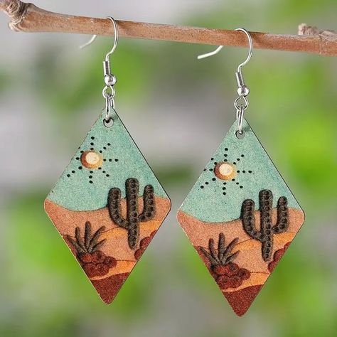 Cactus Southwest Wood Earrings Double Sided Dangle Sun Desert Boho Hippie Gift Cute Pair Of Dangle Wooden Earrings Double Sided Print New Iin Original Package No Tags Attached Diamond Hape With Cactus Sun & Dessrt Print **Check Out My Other Great Items ..Bundle & Save $$ On Shipping!!** Wooden Cactus, Mountain Pattern, Wood Dangle Earrings, Laser Cut Wood Earrings, Rhombus Shape, Cactus Earrings, Hippy Gifts, Dope Jewelry, Watches Women Fashion