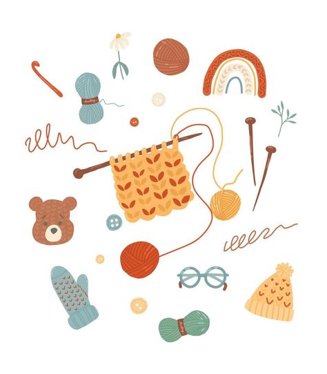 Knitting clipart. A set of tools for knitting and woolen yarn. Handmade crafts and needlework design elements. Knitted warm clothes. Vector flat illustration, isolated, cartoon, Yarn Illustration, Cartoon Cartoon, Warm Clothes, Warm Outfits, Flat Illustration, Infographic Templates, Handmade Crafts, Design Elements, Needlework