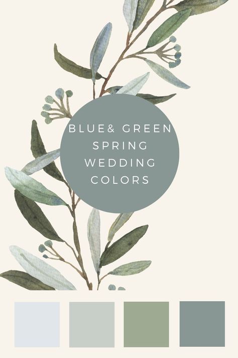 This blue and green wedding color palette is perfect for a spring wedding. We love the calming tones. Check out our blog for more wedding planning ideas! Seaglass And Navy Wedding, Wedding Green Colour Schemes, Blue Green Cream Wedding, Sage Green Complimentary Colors Wedding, Sage Green And Powder Blue Wedding, Blue And Sage Wedding Color Schemes, Wedding Color Schemes Spring Green, Sage Green And Blue Palette, Solstice Wedding Summer