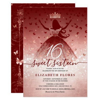 Elegant Burgundy Flowers Rose Gold Sweet 16 Invitation Gold Sweet 16, Rose Gold Quinceanera, Quince Stuff, Butterfly Confetti, Quince Themes, Pink Quinceanera, 16 Invitations, Quinceanera Invitation, Quince Ideas