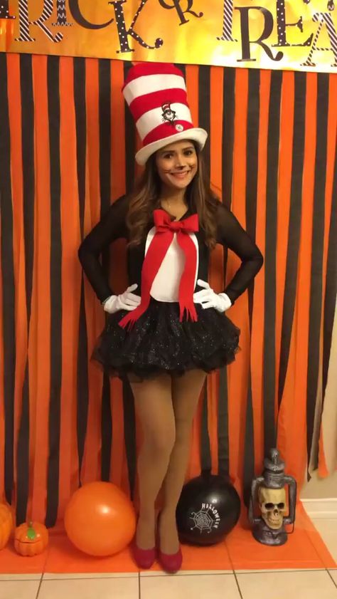 Cat In The Hat Womens Costume, Diy Cat And The Hat Costume, Diy Cat In The Hat Costume Women, Cat In The Hat Halloween Costumes, Cat In The Hat Makeup Woman, Cat In The Hat Costume Women's, Cat And The Hat Costume, Outfits Tights, Cat In The Hat Costume