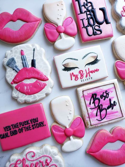 Hair Salon Cookies, Fashion Cookies Decorated, Salon Cookies Decorated, Boss Babe Cookies Decorated, Botox Cookies, Make Up Cookies Decorated, Lash Cookies Decorated, Make Up Cookies, Lip Sugar Cookies Decorated