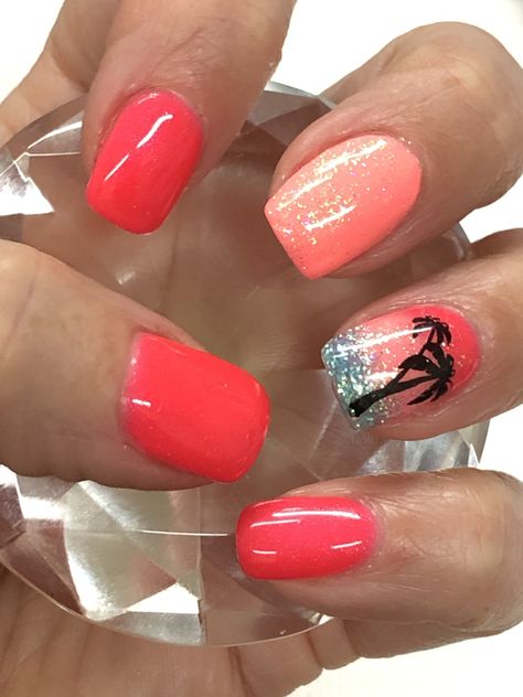 Bright Vacation Tropical sunset Palm Tree Gel Nails  Light Elegance French Bikini, Flamingle & snow cone Gel Nail Light, Nails Vacation, Cruise Nails, Florida Nails, Palm Tree Nails, Beach Nail Designs, Summer Gel Nails, Tropical Nails, Vacation Tropical