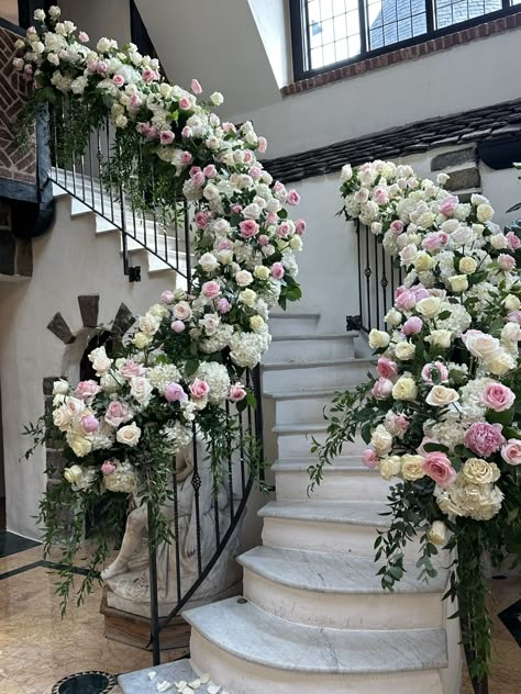 Flowers On Stairs, Flower Staircase, Stairwell Decor, Wedding Staircase Decoration, Flower Railing, Floral Staircase, Colour House, Wedding Staircase, Bangkok Wedding