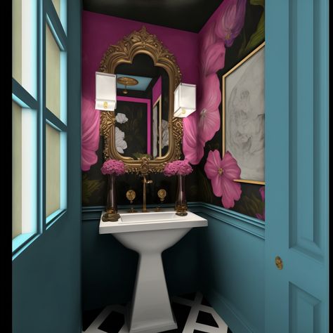 Jewel Box Bathroom Powder Rooms, Jewel Tone Powder Room, Jewel Tone Bathroom Decor, Jewel Box Powder Room, Aspen Bathroom, Jewel Tone Bathroom, Jewel Tone Room, Bold Powder Room, Colorful Powder Room