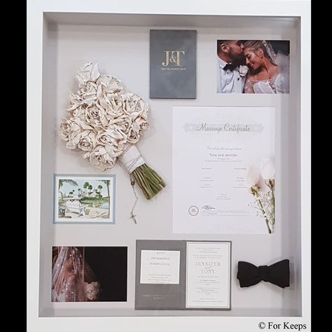 Wedding Shadow Box Ideas, Wedding Shadowbox, Shadow Box Wedding, Wedding Preparation Photos, Bride Preparation, Wedding Shadow Box, Wedding Collage, Wedding Memory Box, Wedding Bouquet Preservation