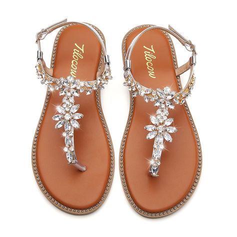 PRICES MAY VARY. 【Rhinestone Flat Sandals】The rhinestones on the upper of the flip flop sandals sparkle in the light, and the brown insole is surrounded by metal rivets, adding texture and fashion sense. 【Comfort Insole】Made with PU upper and TPR material, these thong sandals is slip-resistant and easy to wear. Featuring a comfortable 2.0 mm high elasticity EVA cushion, providing pressure relief for your feet while walking 【Adjustable Design】Featuring an adjustable buckle, these flat sandal can Dressy Casual Shoes, Dressy Flat Sandals, Quinceanera Shoes, Flat Wedding Shoes, Flat Sandals Wedding, Bling Flip Flops, Fancy Sandals, Dressy Flats, Fancy Flats