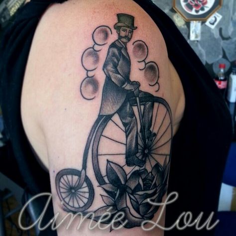 Tattoo of Penny Farthing by Aimee Lou, Guildford, UK Tattoo Bicycle, Bicycle Tattoo, Tattoo Concepts, Bike Tattoos, Penny Farthing, Tattoo Traditional, Ink Ideas, Traditional Tattoo, Penny