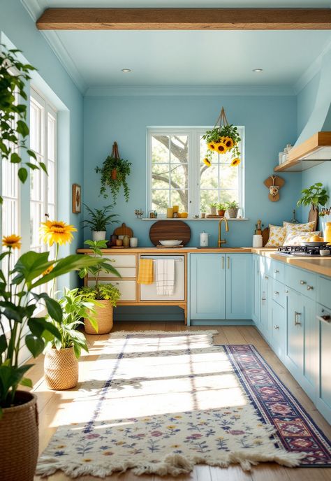 Blue and Yellow Boho Decor Boho Decor Ideas, Blue Painted Walls, Outdoors Inside, Blue Palette, Sunflower Yellow, Yellow Houses, Sunrooms, How To Mix, Timber Framing