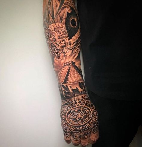 Mayan Pyramids Tattoos, Mariachi Tattoo Design, Mexican Theme Tattoos, Aztec Tattoo Mexican Forearm, Aztec Forearm Tattoo, Aztec Arm Tattoo, Mayan Tattoos Sleeve, Aztec Arm Band Tattoo, Azteca Tattoo Mexican