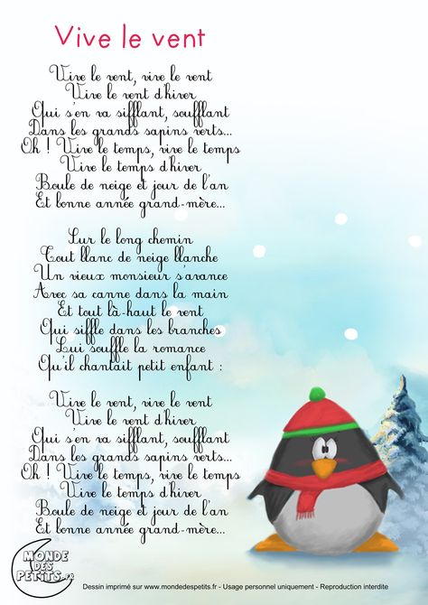 Paroles_Vive le vent French Poems, Vive Le Vent, French Kids, French Activities, French Songs, French Language Lessons, French Education, French Christmas, French Classroom