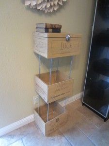 You can get wine crates from any specialty wine store.  Oftentimes they are free or some stores sell them for about five dollars apiece.    Materials:        3 Wine Crates      Stain (optional)      Polyurethane (Optional)      Paint Brush (Optional)      Rag (Optional)      Four ¼” 20X36” Threaded Rods      Eight ¼” Cap Nuts      24 ¼” Flat Washers      Knob    Here are the wine crates before. Wine Crate Diy, Wine Box Diy, Wine Crate Storage, Wine Crate Shelf, Wine Diy Crafts, Wine Crate Furniture, Scarves Diy, Crate Shelves Diy, Furniture Repurposing