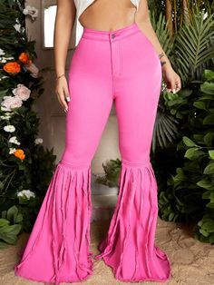 Hot Pink Denim Plain Flare Leg Embellished High Stretch Women Denim Pink Flared Jeans, Hot Pink Denim, Costume Inspo, Pink Denim, Girl Halloween, Flare Leg Pants, Pink Ruffle, Halloween Costumes For Girls, Flared Jeans