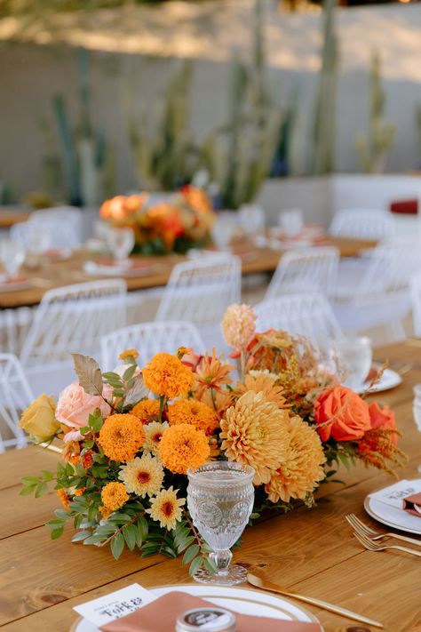 70s Flower Centerpieces, Marigold Table Centerpiece, 70s Floral Arrangements, Marigold Centerpiece Wedding, Mum Centerpiece Wedding, Mums Centerpiece Wedding, Marigold Arrangements, 70s Centerpiece Ideas, Marigold Centerpiece