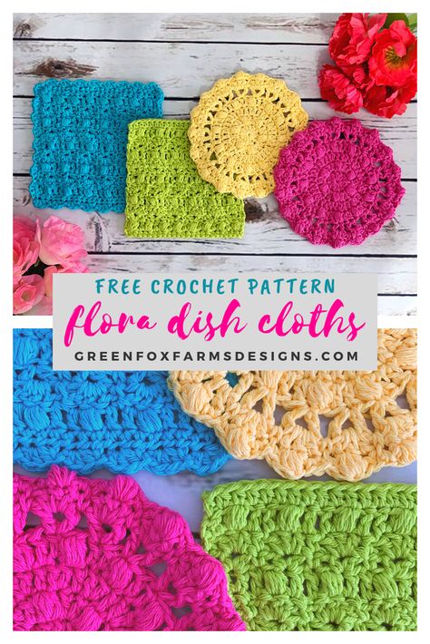 Flora Dish Cloths - Free Crochet Pattern • Green Fox Farms Designs Round Washcloth Crochet Pattern, Crochet Round Dishcloths Free Patterns, Crochet Dishrags, Crochet Washcloth Free Pattern, Crochet Washcloth Free, Crochet Dish Cloth Free Pattern, Crochet Washcloth Pattern, Kitchen Crochet, Crochet Scrubbies