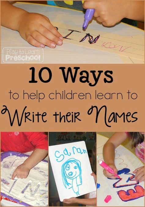 10 ways to help children learn to write their names from Play to Learn Preschool Preschool Names, Montessori Learning, Learn To Write, Name Activities, Preschool Writing, Preschool Literacy, Hand Writing, Play Based, Kids Games