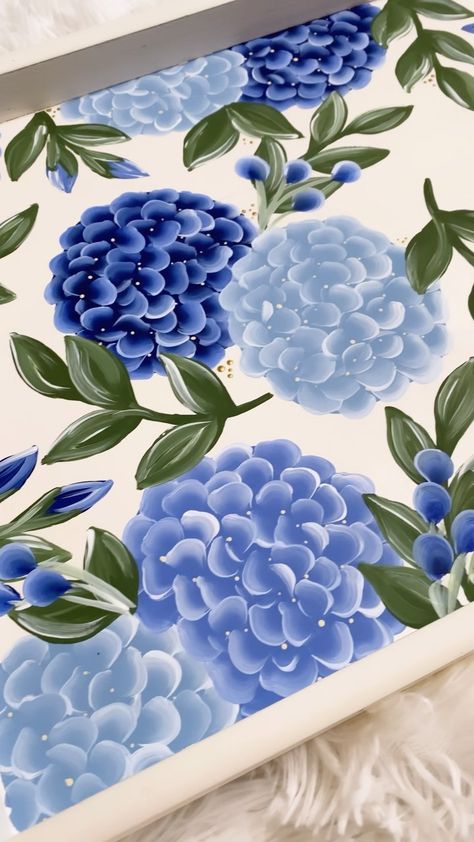 camilla_creations on Instagram: When in doubt — paint blue hydrangeas 😂 I always end up loving any design with blue hydrangeas especially after I swapped out my navy blue… Camilla Creations, Tray Painting, Floral Field, Paint Blue, Blue Hydrangeas, Painting Inspo, Botanical Painting, Blue Hydrangea, Art Studies