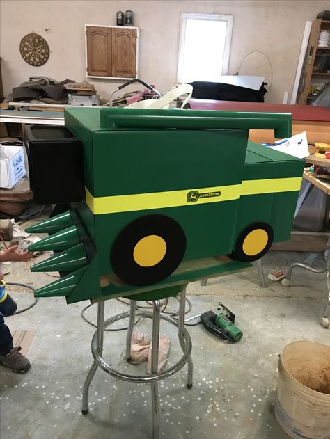 Combine Halloween Costume, Combine Costume, Diy Combine Costume, Combine Costume Diy, Toddler Farmer Costume, Halloween Tractor Costume, Tractor Costume, Tractor Halloween Costume, Cardboard Tractor Costume