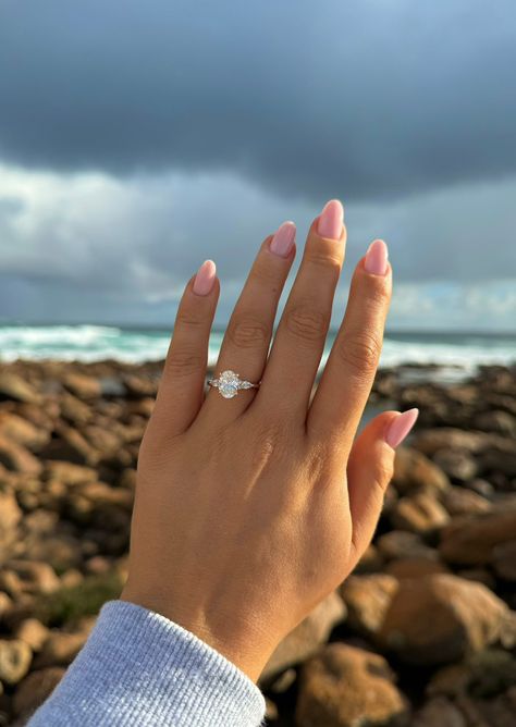 "Does this ring make me look engaged? 💍" - @louisebarry_  We think it does!! And it looks good on you 🤩  Featuring:  Sheridan Oval Trilogy with Round and Pear Stones Oval With Side Stones, Oval Trilogy Engagement Ring, Rings Oval, Trilogy Engagement Ring, Most Popular Engagement Rings, Popular Engagement Rings, Trio Ring, Engagement Ring Photos, Elegant Engagement Rings