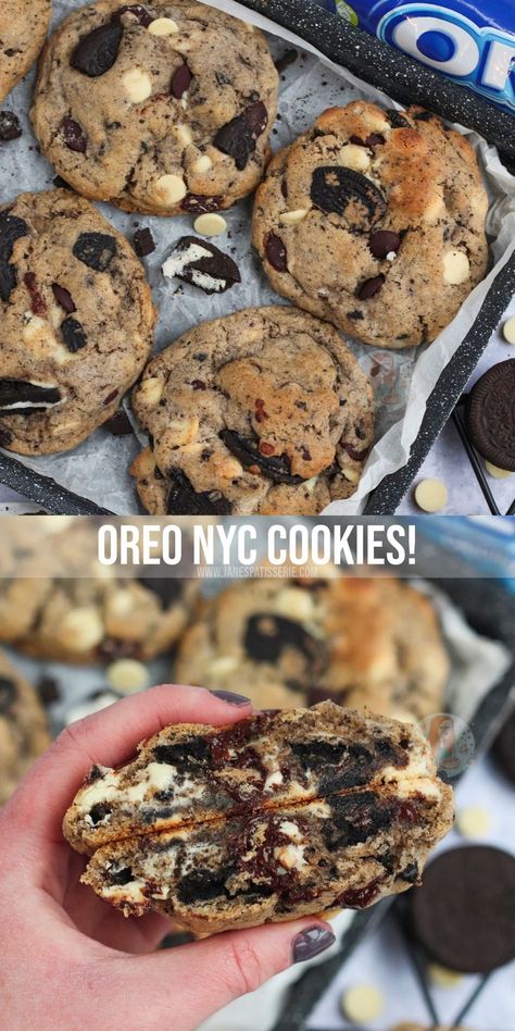 Giant chunky NYC style cookies stuffed with white, dark chocolate chips, and Oreo chunks! Oreo NYC cookies are heavenly! Chunky Cookie Recipe, Nyc Cookies, Levain Cookies, Oreo Cookie Recipes, Oreo Stuffed Chocolate Chip Cookies, Cookies Stuffed, Janes Patisserie, Levain Bakery, Big Cookie