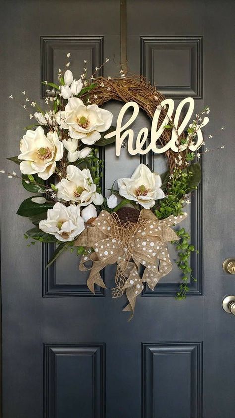 Shower Flowers, Spring Front Door Wreaths, Magnolia Wreath, Spring Wreaths, Front Door Design, Front Porch Christmas Decor, Deco Floral, Fall Decor Diy, Cool House Designs