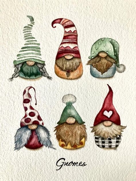 Watercolour Gnomes, Cotton Wreaths, Painted Gnomes, Xmas Watercolor, Christmas Knomes, Winter Graphics, Flowers House, Painted Christmas Cards, Hare Rabbit