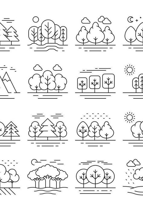 Simple Trees Drawing, Forest Doodles Easy, Tree Doodle Simple, Nature Doodles Simple, How To Draw A Forest, Drawing Nature Easy, Forest Drawing Simple, Forest Line Drawing, Tree Doodle Art