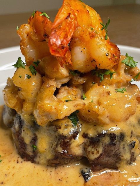 Steak Lobster Shrimp Dinner, Steak With Shrimp And Lobster Sauce, Lobster Topping For Steak, Steak Lobster Dinner, Steak With Lobster Sauce, Lobster Sauce For Steak, Shrimp And Steak Recipes, Lobster And Shrimp Recipes, Shrimp And Lobster Recipes