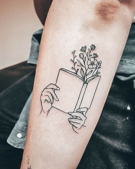 Fantasy Reading Tattoo, Cute Book Tattoos For Women, Hand Holding Book Tattoo, Bookish Back Tattoos, Woman Reading Book Tattoo, Book Tattoo Ideas Minimalist, Cute Book Tattoo Ideas, Woman Reading Tattoo, Book Line Tattoo