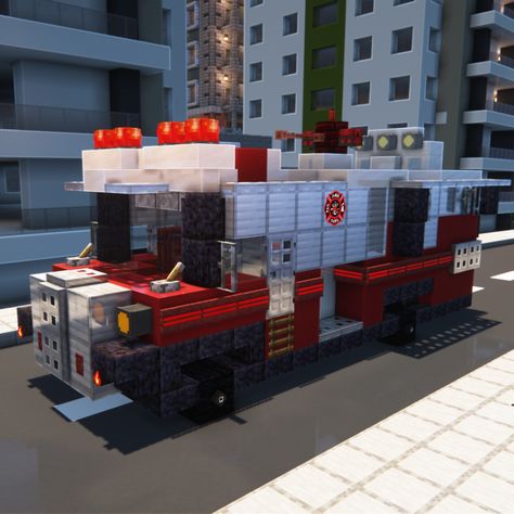 Fire Truck Build with tons of Build hacks. Map art, custom heads, debug stick, invisible item frames and more... #minecraft Fire Station Minecraft, Minecraft Fire Truck, Lego Fire Station, Lego Fire Trucks, Building A Fire, Minecraft Town, Lego City Fire Truck, Futuristic Fire Truck, Cloud City