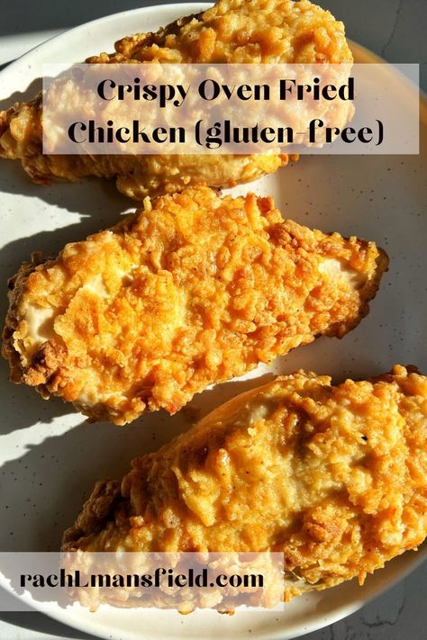 A great gluten-free and dairy-free Oven Fried crispy Chicken Crispy Chicken Gluten Free, Gluten Dairy And Nut Free Recipes, Gluten Free Fried Chicken Air Fryer, Gluten Free Oven Fried Chicken, Dairy Free Fried Chicken Recipe, Gluten Free Chicken Breast Recipes, Baked Fried Chicken Breast, Gluten Free Breaded Chicken, Rachlmansfield Recipes