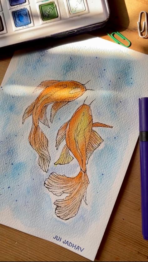 Fineliner And Watercolour, Fine Line Watercolour, Watercolour Art Ideas Inspiration, Watercolour Cakes, Watercolour Fish, Watercolour Reference, Natural Forms Gcse, Fineliner Art, Basic Watercolor