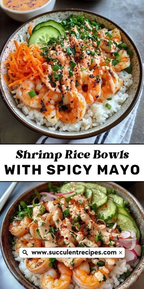 Indulge in these Shrimp Rice Bowls with Creamy Spicy Mayo! An easy, comforting meal featuring tender shrimp, steamed rice, and a zesty mayo topping. Buffalo Shrimp Bowl, Asian Recipes With Shrimp, Spicy Shrimp And Avocado Rice Bowl, Shrimp Broccoli Rice Bowl, Easy Shrimp Bowl Recipe, Healthy Shrimp Bowl Recipes, Rice Bowls Shrimp, Crispy Rice With Spicy Shrimp Salad, Shrimp Bowls Asian