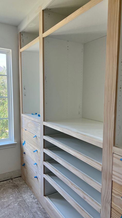 Built In Closet With Ikea Dresser, Built In Closet For Nursery, Diy Master Closet Built Ins Ikea Hacks, Ikea Closet Insert, Built In Closet Drawers, Convert Closet To Built In Shelves, Storage Bin Makeover, Built In Closet Wall Bedroom, Master Closet Wood Shelving