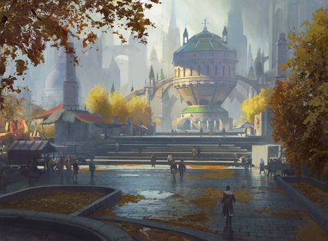 Plaza of the Guildpact - MTG, Jedd Chevrier on ArtStation at https://www.artstation.com/artwork/wDkeV 🎨 #artwork #art #artstation #digitalart #photography #awesome #cool Landscape Concept, Fantasy City, Fantasy Castle, Fantasy Setting, Fantasy Places, Modern Fantasy, Futuristic City, Landscape Scenery, Fantasy Art Landscapes