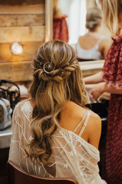 Tythe Barn Wedding With Boho Decor and Alpacas - Rock My Wedding | Boho wedding hair half up, Boho bridal hair, Wedding hair inspiration Pampas Grass Floral Arrangements, Grass Floral Arrangements, Wedding Hair For Bride, Hair For Bride, Wedding Hair Half, Boho Wedding Hair, Celestial Wedding, Wedding Hairstyles Half Up Half Down, Wedding Hair Inspiration