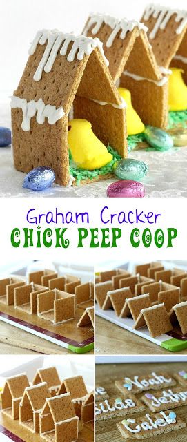 Cute Easter Peep Graham Cracker Coop House Peeps Graham Cracker House, Easter Graham Cracker House, Graham Cracker Easter Bunny House, Easter Peeps House, Classroom Recipes, Easter Brunch Decorations, Easter Gingerbread House, Graham Cracker House, Royal Frosting