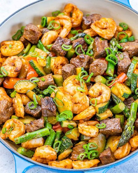 Quick Steak, Steak Shrimp, Veggie Skillet, Skillet Shrimp, Homemade Cajun Seasoning, Steak And Shrimp, Skillet Dinners, Clean Food Crush, Food Crush