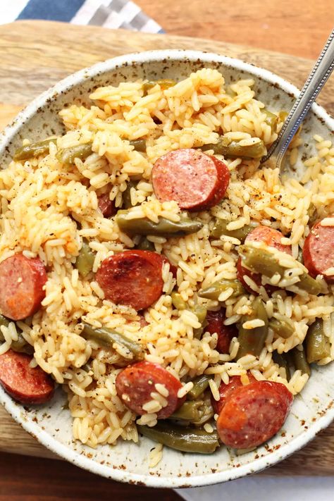 Grand Canyon Casserole--rice with smoked sausage, green beans, garlic and cajun seasoning made fast in your Instant Pot. Canyon Casserole, Sausage Green Beans, Green Beans Garlic, Sausage And Green Beans, Sausage Rice, Smoked Sausage Recipes, Beans And Sausage, Main Dish Casseroles, Sausage Dishes