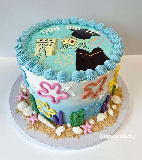 Birthday Cakes Spongebob, 25th Birthday Spongebob Cake, Spongebob Years Later, Graduation Cakes Ideas, College Graduation Cake Ideas, Cakes Spongebob, 26 Years Later Spongebob Cake, Spongebob Cakes 25, Graduation Party Dessert