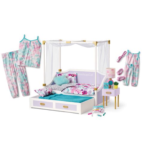 Doll Beds & Doll Home Furniture | American Girl Lavender Nightstand, American Girl Stuff, American Girl Doll Stuff, Jordan Bedroom, American Girl Doll Pajamas, Stitch Room, Daybed Styles, Teal Throw Blanket, American Girl Doll Bed