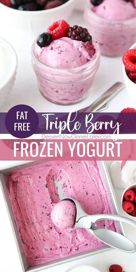 This Triple Berry Frozen Yogurt recipe is fat-free, only four ingredients, and just over 100 calories per serving. This soft-serve fro-yo churns in 10-15 minutes with your ice cream maker for a fresh, creamy, and fruity frozen dessert. Plus tips for making, freezing, and scooping frozen yogurt. Frozen Fruit Yogurt Ice Cream, Making Frozen Yogurt, Frozen Yougart Ice Cream, Soft Serve Frozen Yogurt Recipe, Blender Frozen Yogurt, Yoghurt Ice Cream Recipe, Strawberry Frozen Yogurt Recipe, Easy Frozen Yogurt Recipe, Yogurt Ice Cream Recipe 3 Ingredients