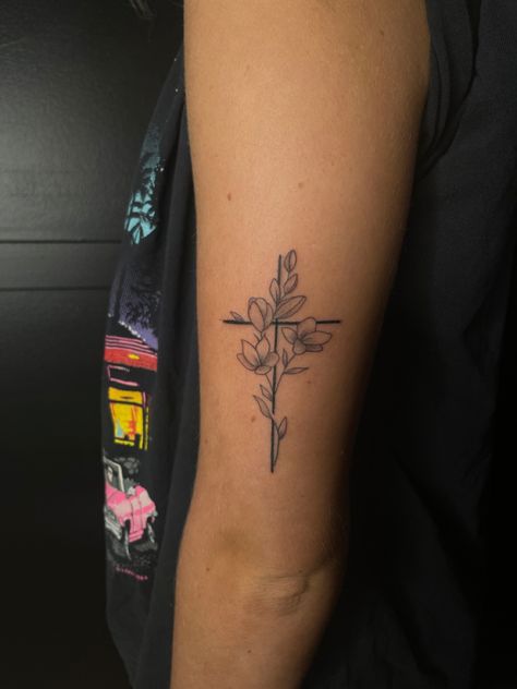 Cross Wildflower Tattoo, Cross With Peonies Tattoo, Medium Tattoo Ideas For Women, Cross Arm Tattoo Women, Cross Tattoo With Flowers Around It, Ankle Cross Tattoos For Women, Birth Flower Cross Tattoo, Cross Floral Tattoo, Floral Cross Tattoos For Women