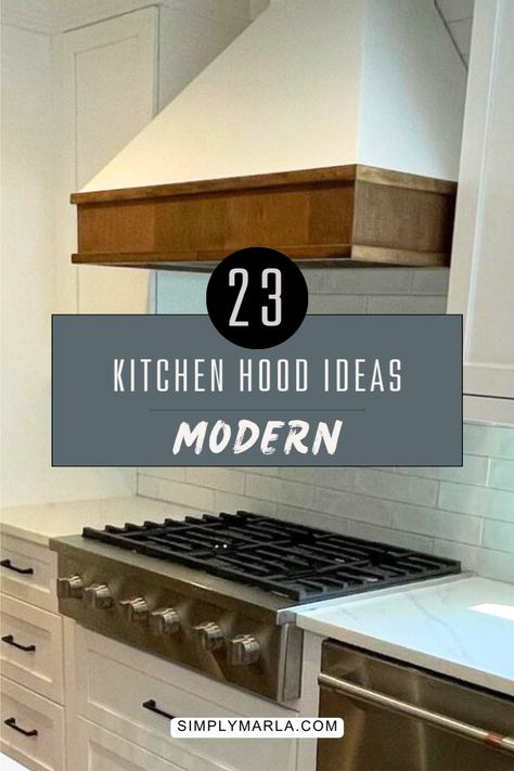 HEY EVERYONE! CHECK OUT 23 BEST KITCHEN HOOD IDEAS FOR YOUR MODERN KITCHEN! WE LOVE THIS POST BECAUSE WE HAVE A BUNCH OF HOOD IDEAS FOR ALL STYLES! WETHER YOU WANT A CUSTOM HOOD, A DIY HOOD, OR SOMETHING TIMELESS WE HAVE A BUNCH OF IDEAS TO HELP YOU FIND THE PERFECT ONE! #FARMHOUSE #STAINLESSSTEEL #MODERNWOOD #WOOD #MODERNFARMHOUSE #DIY 48 In Range Hood Ideas, Kitchen With Vent Hood Over Island, Custom Kitchen Range Hood, Oven Hoods Wood, Unique Hood Vents Kitchen, Quartz Hood Cover, Decorative Kitchen Hoods, 30 Inch Stove With 36 Inch Hood, Modern Rustic Range Hood