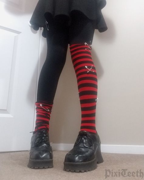 Black and red striped emo socks with black platform shoes Emo Shoes, Red Tights, Striped Tights, Shoes Socks, Striped Socks, Sock Shoes, Boats, Elf, Umbrella