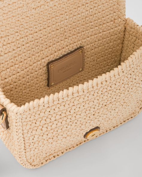 Natural Crochet And Leather Shoulder Bag With Flap | PRADA Prada Crochet Bag, Rafia Crochet, Prada Raffia, Crochet Travel, Neutral Bag, Prada Shoulder Bag, Oversized Tote Bag, Raffia Bag, Handmade Handbags